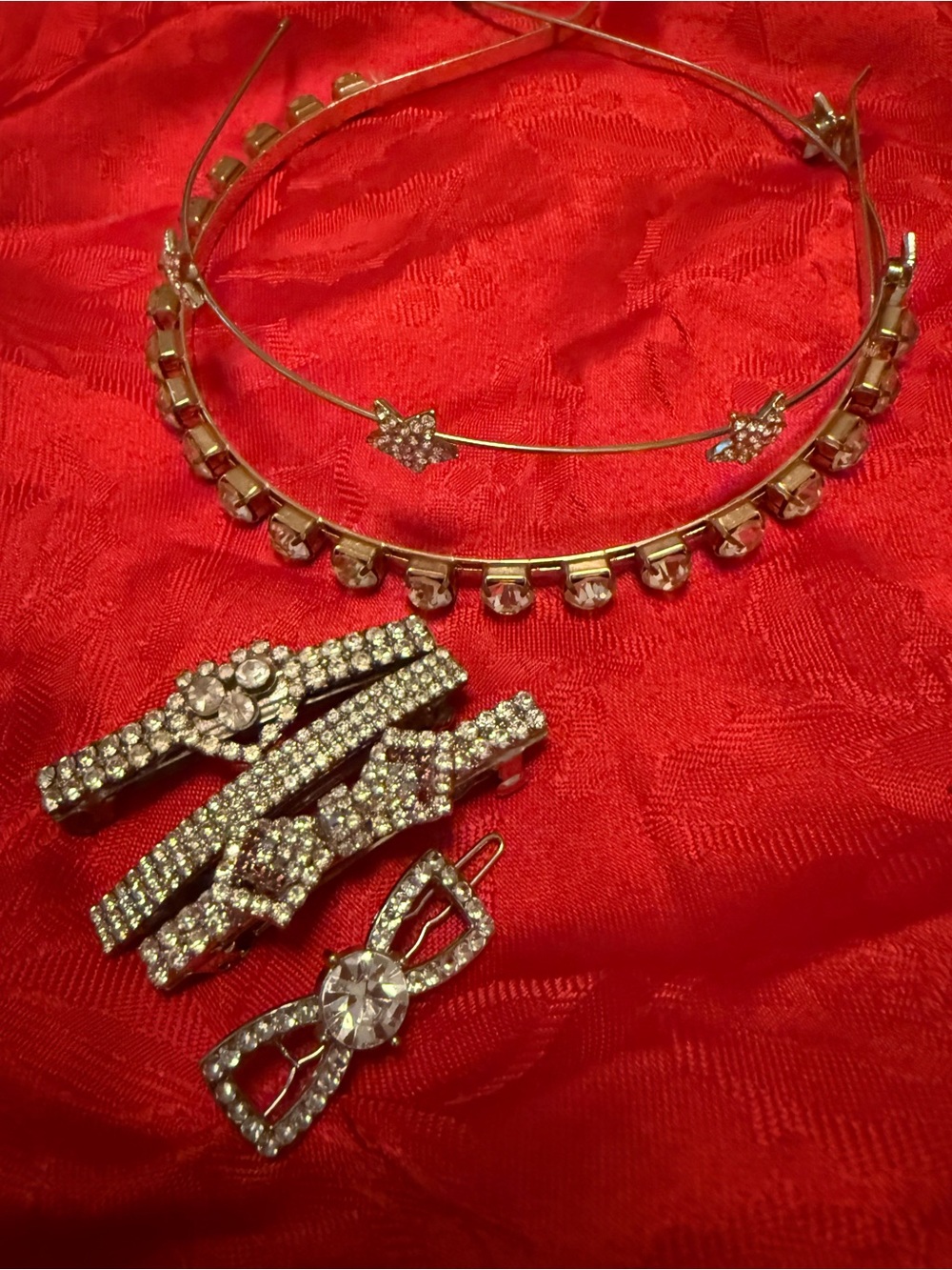 Crystal-Accented Gold Headband and Rhinestone Hair Clips - Gold
